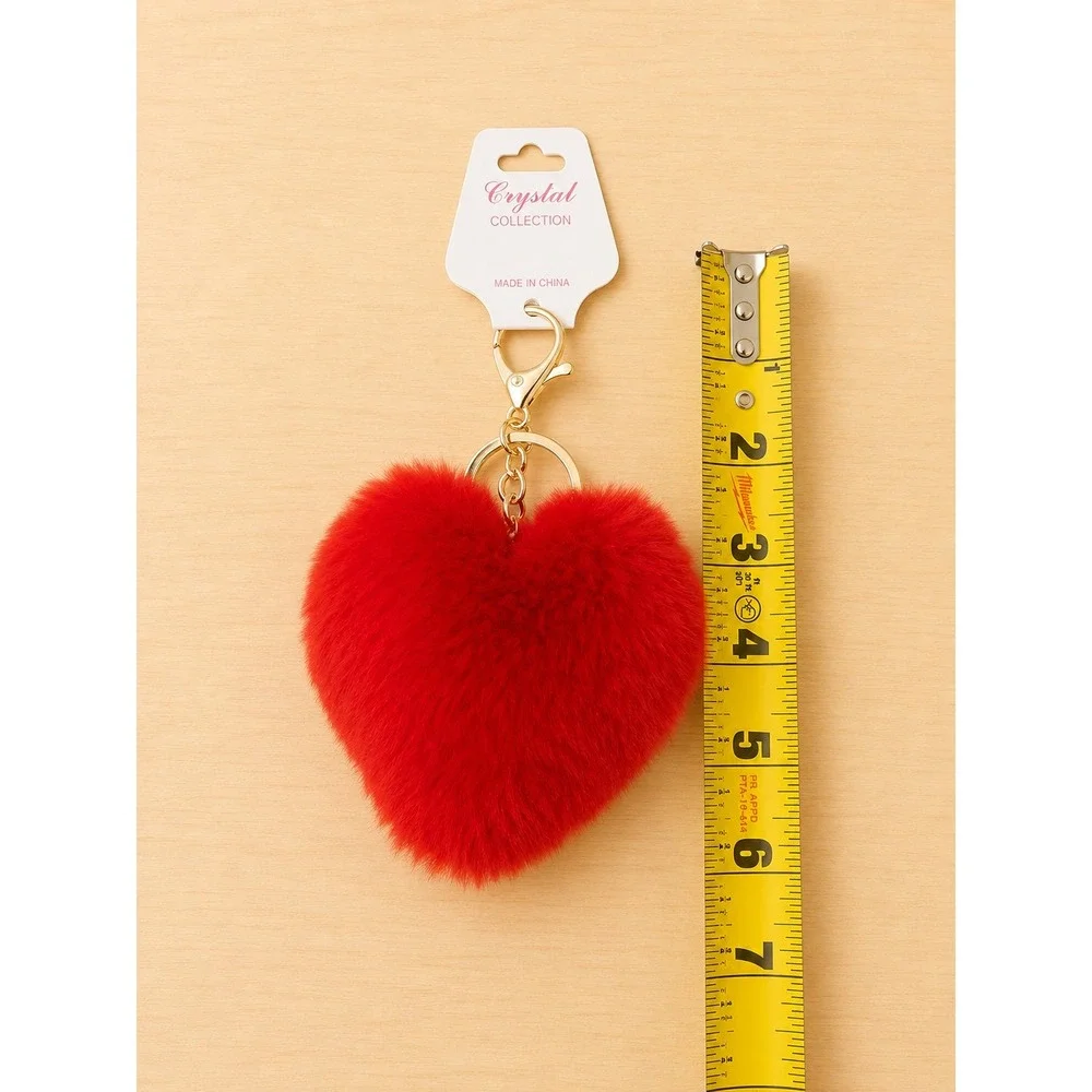 Red Heart Faux Fur Pom Pom Keychain Purse Charm Bag Accessory